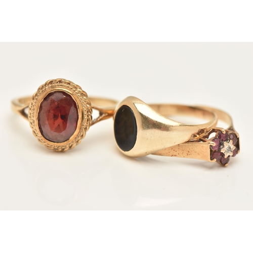 451 - THREE 9CT GOLD GEM SET RINGS, to include a garnet and diamond cluster ring, ring size R 1/2, a garne... 