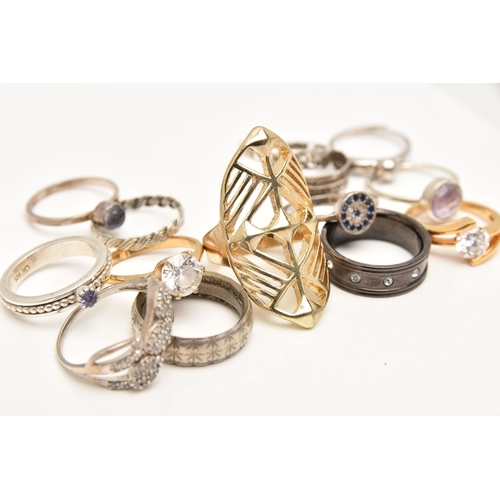 459 - A SMALL BAG OF RINGS, to include seven white metal rings of various designs, each stamped 925, three... 