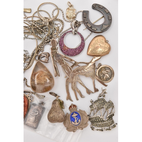 467 - A BAG OF ASSORTED SILVER AND WHITE METAL JEWELLERY, to include a textured silver pear charm hallmark... 