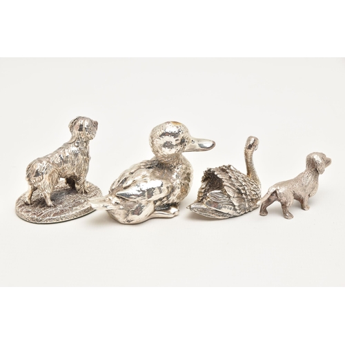 471 - FOUR SILVER AND WHITE METAL ANIMAL FIGURINES, the first a small dachshund, approximate length 58mm, ... 