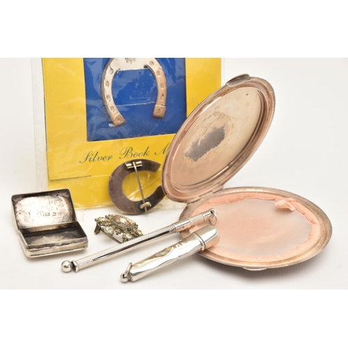 472 - AN ASSORTMENT OF SILVER AND WHITE METAL, to include a silver compact, a silver snuff box, a silver n... 