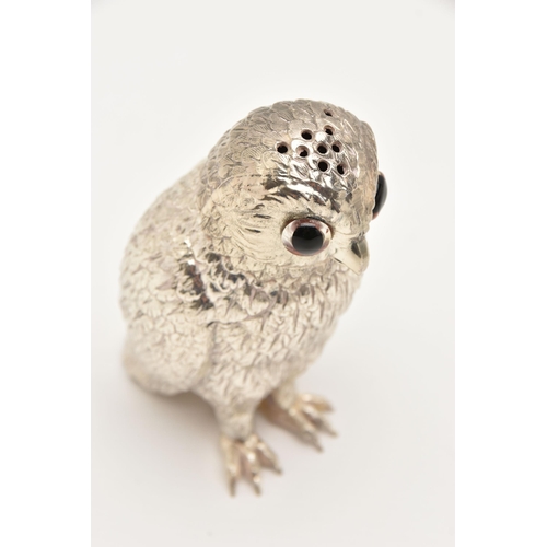 473 - A WHITE METAL 'CORBELL & CO' NOVELTY SUGAR SHAKER, a silver plated owl with glass eyes, approximate ... 