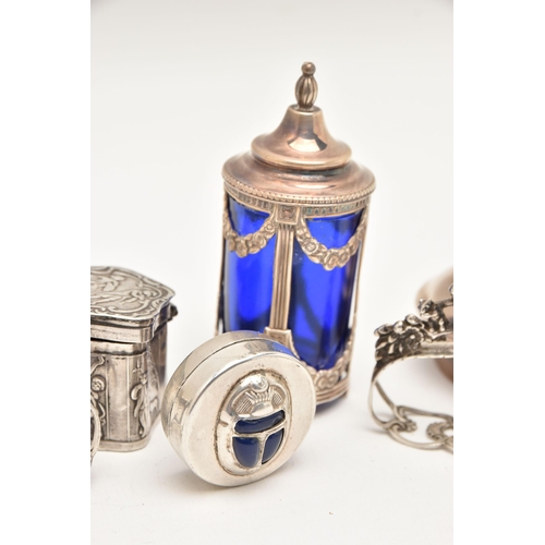 477 - AN ASSORTMENT OF SILVER AND WHITE METAL ITEMS, to include a silver lid, partial silver hallmark, app... 