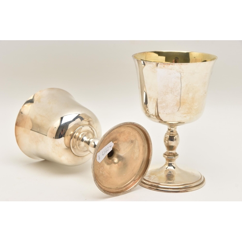 481 - A PAIR OF ELIZABETH II SILVER GOBLETS, polished cups with knopped stems on round bases, gilt interio... 