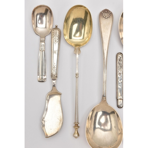 485 - A COLLECTION OF 18TH, 19TH AND 20TH CENTURY CUTLERY, to include two serving spoons with shell patter... 