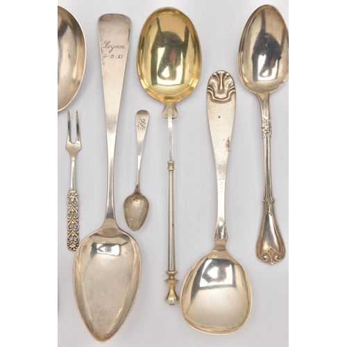 485 - A COLLECTION OF 18TH, 19TH AND 20TH CENTURY CUTLERY, to include two serving spoons with shell patter... 