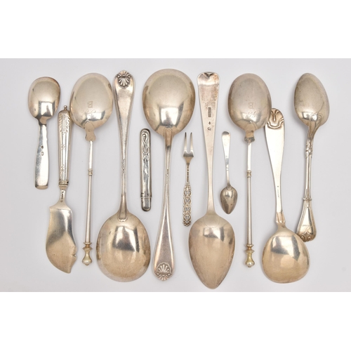 485 - A COLLECTION OF 18TH, 19TH AND 20TH CENTURY CUTLERY, to include two serving spoons with shell patter... 