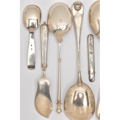 485 - A COLLECTION OF 18TH, 19TH AND 20TH CENTURY CUTLERY, to include two serving spoons with shell patter... 