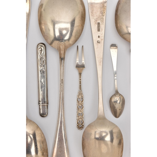 485 - A COLLECTION OF 18TH, 19TH AND 20TH CENTURY CUTLERY, to include two serving spoons with shell patter... 