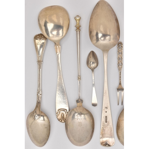 485 - A COLLECTION OF 18TH, 19TH AND 20TH CENTURY CUTLERY, to include two serving spoons with shell patter... 