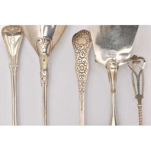 486 - A COLLECTION OF DANISH SERVING UTENSILS, to include two serving spoons with engraved initials to the... 