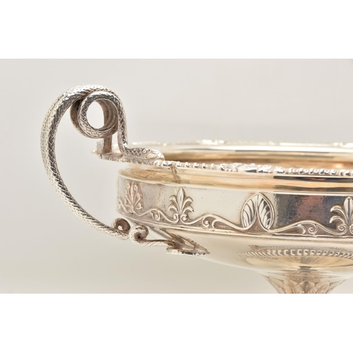 494 - A SILVER FRUIT BOWL, a raised circular form bowl with gadrooned and shell detail to the rim and two ... 