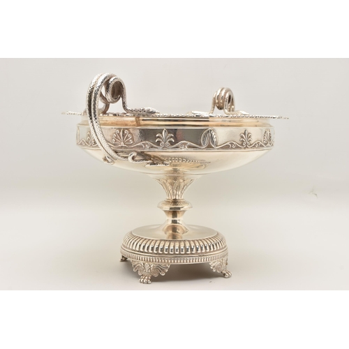 494 - A SILVER FRUIT BOWL, a raised circular form bowl with gadrooned and shell detail to the rim and two ... 