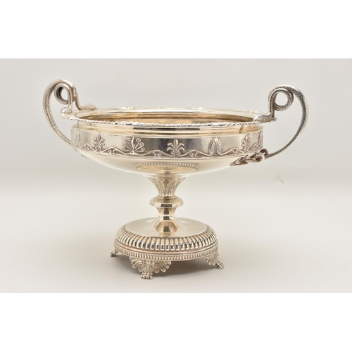 494 - A SILVER FRUIT BOWL, a raised circular form bowl with gadrooned and shell detail to the rim and two ... 