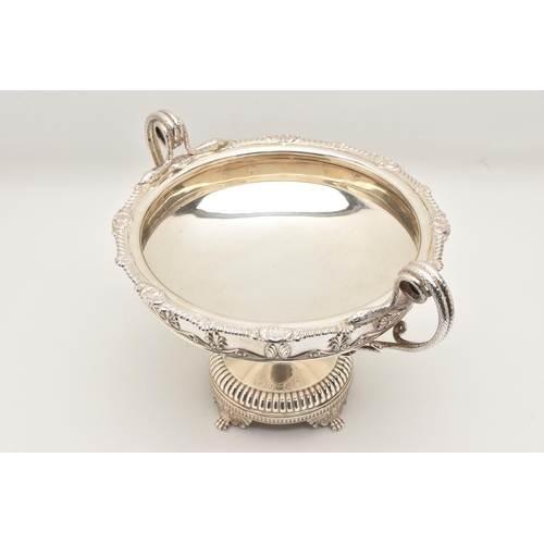 494 - A SILVER FRUIT BOWL, a raised circular form bowl with gadrooned and shell detail to the rim and two ... 