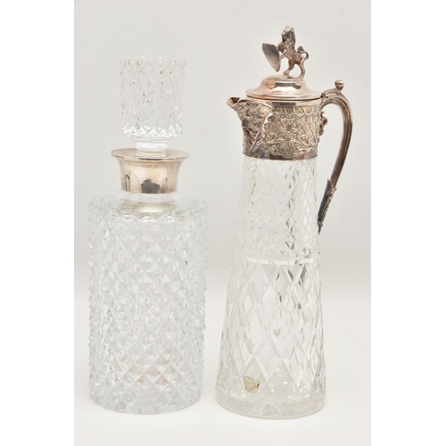 495 - A SILVER RIM DECANTER AND A CLARET JUG, a moulded glass decanter with a silver rim, hallmarked 'Isra... 