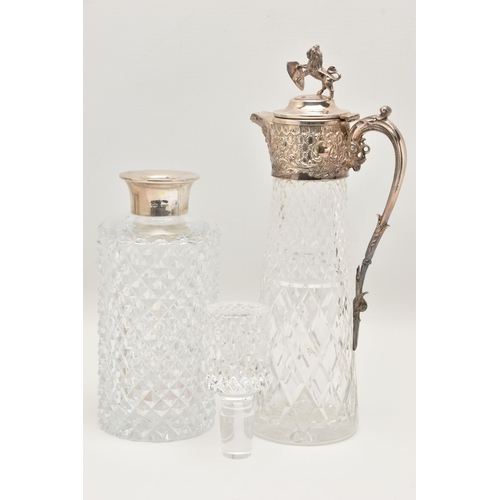 495 - A SILVER RIM DECANTER AND A CLARET JUG, a moulded glass decanter with a silver rim, hallmarked 'Isra... 