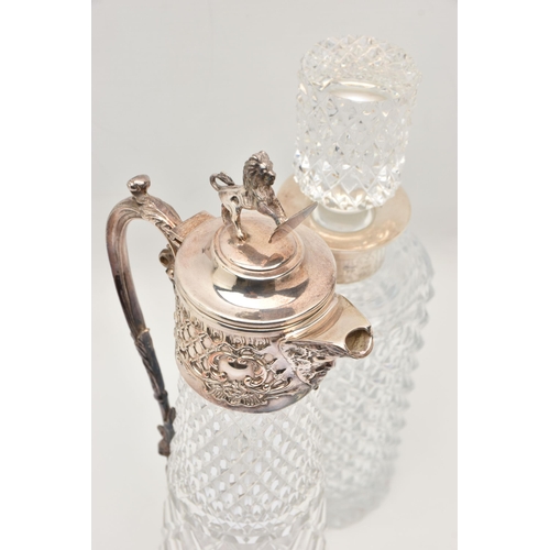 495 - A SILVER RIM DECANTER AND A CLARET JUG, a moulded glass decanter with a silver rim, hallmarked 'Isra... 