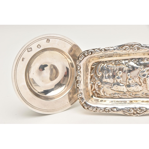 499 - FOUR SILVER DISHES, to include a rectangular dish with embossed romantic scene, hallmarked 'Cooper B... 