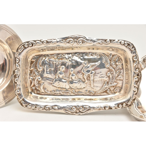 499 - FOUR SILVER DISHES, to include a rectangular dish with embossed romantic scene, hallmarked 'Cooper B... 