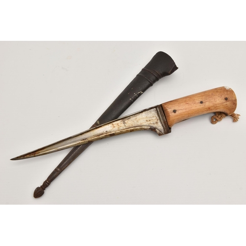 503 - AN INDIAN PESH-KABZ DAGGER WITH SCABBARD AND BONE HANDLE, length including handle 32cm, blade length... 