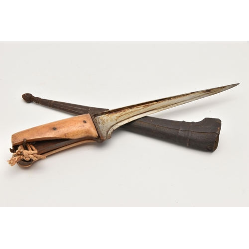 503 - AN INDIAN PESH-KABZ DAGGER WITH SCABBARD AND BONE HANDLE, length including handle 32cm, blade length... 