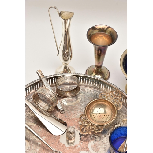 510 - A BOX OF ASSORTED SILVER AND WHITE METAL ITEMS, to include two foliate pattern napkin rings both hal... 