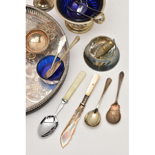 510 - A BOX OF ASSORTED SILVER AND WHITE METAL ITEMS, to include two foliate pattern napkin rings both hal... 