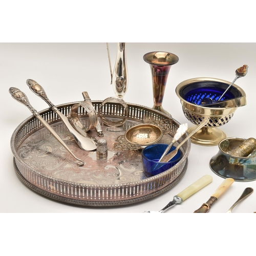 510 - A BOX OF ASSORTED SILVER AND WHITE METAL ITEMS, to include two foliate pattern napkin rings both hal... 