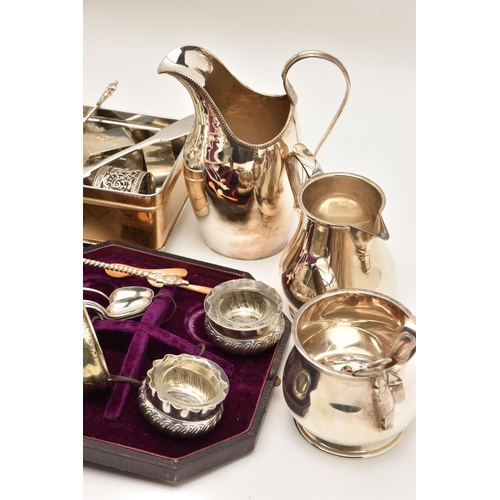 511 - A BOX OF SILVER AND WHITE METAL WARE, to include five silver napkin rings of various designs, each w... 