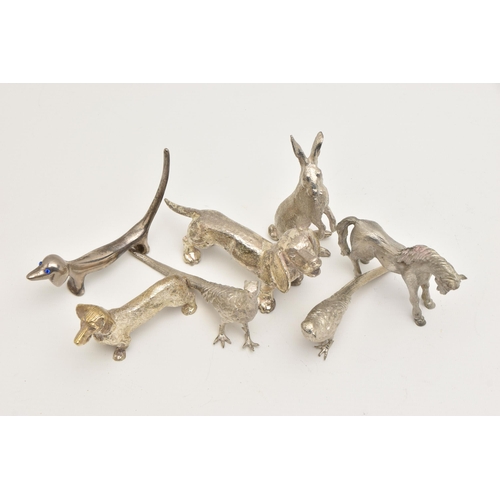 513 - ASSORTED WHITE METAL FIGURINES, to include a hare, two phesants, a horse, three dashunds