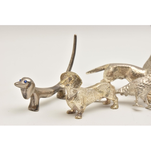 513 - ASSORTED WHITE METAL FIGURINES, to include a hare, two phesants, a horse, three dashunds