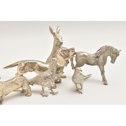 513 - ASSORTED WHITE METAL FIGURINES, to include a hare, two phesants, a horse, three dashunds