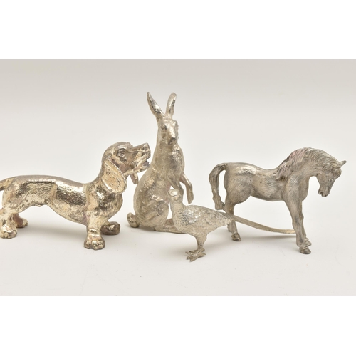 513 - ASSORTED WHITE METAL FIGURINES, to include a hare, two phesants, a horse, three dashunds