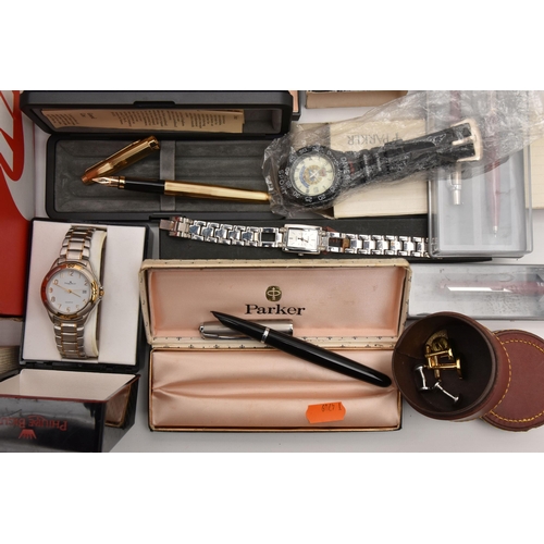 515 - ASSORTED PENS, CUFFLINKS AND WATCHES, to include a boxed white metal 'Nova' ball point pen stamped 9... 