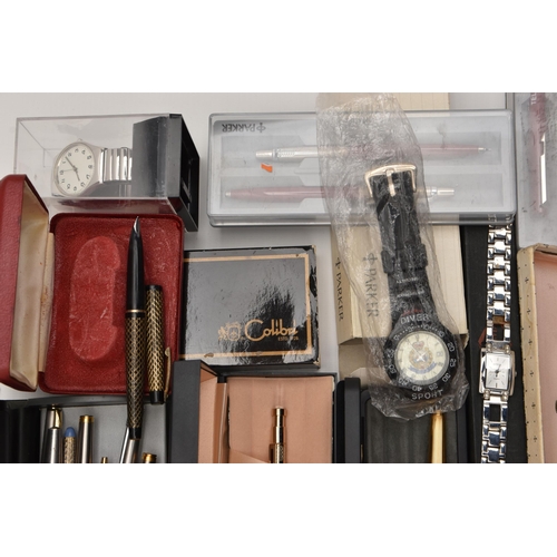 515 - ASSORTED PENS, CUFFLINKS AND WATCHES, to include a boxed white metal 'Nova' ball point pen stamped 9... 