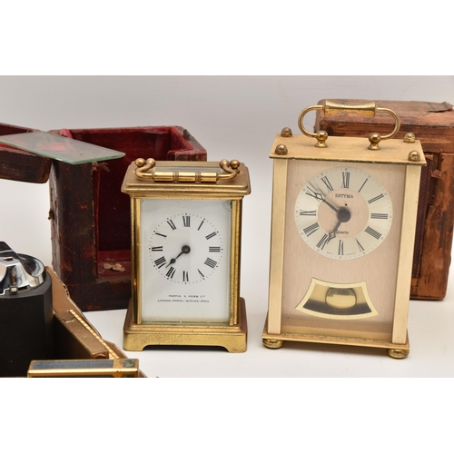 518 - A BOX OF ASSORTED ITEMS, to include an AF 'Mappin & Webb' brass carriage clock, with case, an empty ... 