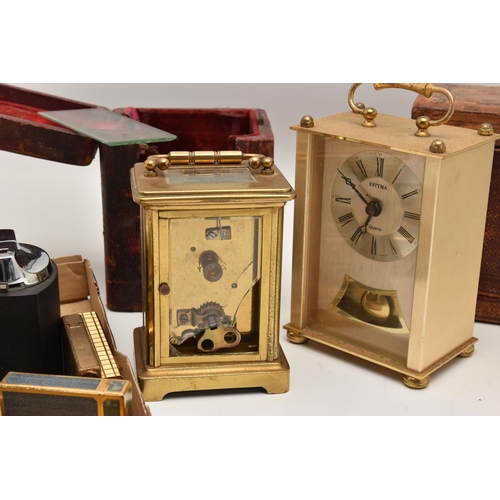 518 - A BOX OF ASSORTED ITEMS, to include an AF 'Mappin & Webb' brass carriage clock, with case, an empty ... 