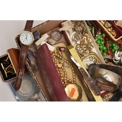 519 - A BOX OF ASSORTED COSTUME JEWELLERY AND ITEMS, to include a white metal marcasite brooch stamped Sil... 