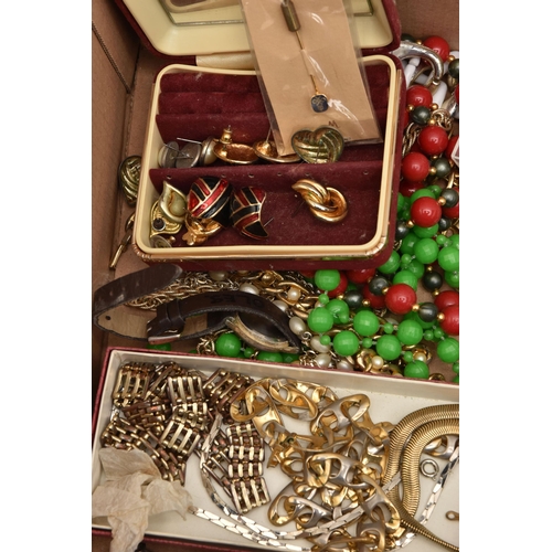 519 - A BOX OF ASSORTED COSTUME JEWELLERY AND ITEMS, to include a white metal marcasite brooch stamped Sil... 