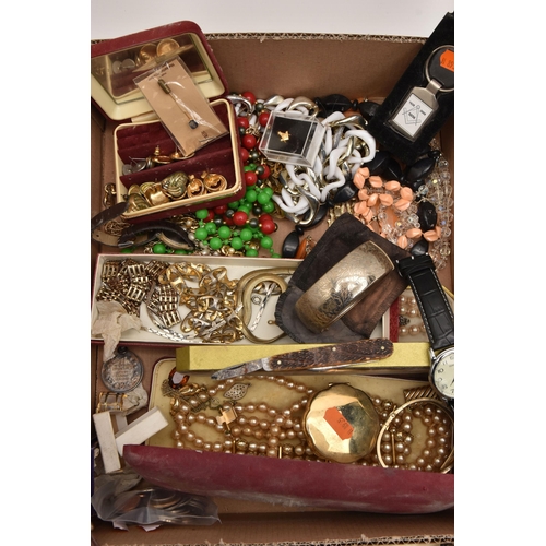 519 - A BOX OF ASSORTED COSTUME JEWELLERY AND ITEMS, to include a white metal marcasite brooch stamped Sil... 