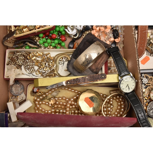 519 - A BOX OF ASSORTED COSTUME JEWELLERY AND ITEMS, to include a white metal marcasite brooch stamped Sil... 