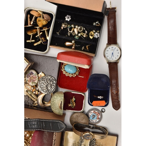 519 - A BOX OF ASSORTED COSTUME JEWELLERY AND ITEMS, to include a white metal marcasite brooch stamped Sil... 