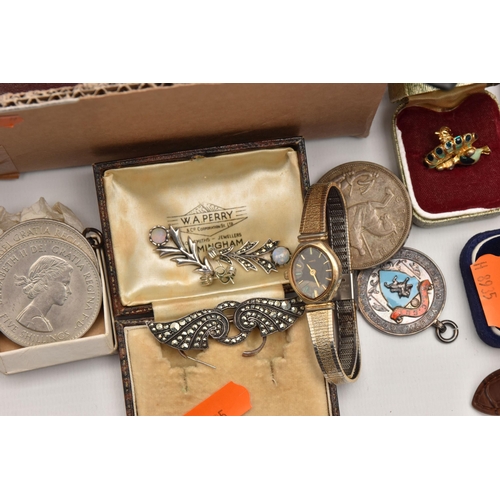 519 - A BOX OF ASSORTED COSTUME JEWELLERY AND ITEMS, to include a white metal marcasite brooch stamped Sil... 