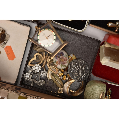 519 - A BOX OF ASSORTED COSTUME JEWELLERY AND ITEMS, to include a white metal marcasite brooch stamped Sil... 