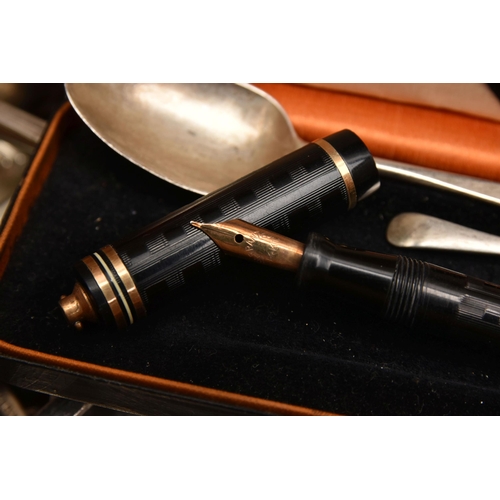 521 - A BOX OF ASSORTED CUTLERY, to include a Georgian silver teaspoon, worn engraved initials to the term... 