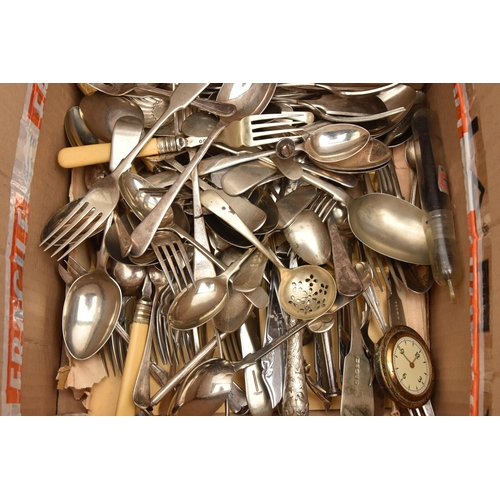 521 - A BOX OF ASSORTED CUTLERY, to include a Georgian silver teaspoon, worn engraved initials to the term... 