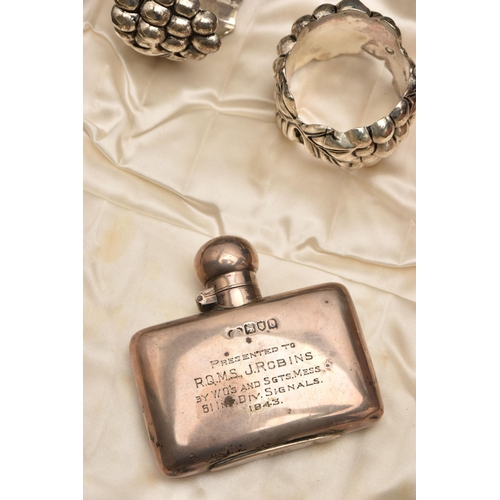 522 - A BOX OF ASSORTED SILVER AND WHITE METAL WARE, to include a silver 1 1/2 oz hip flask, screw down do... 