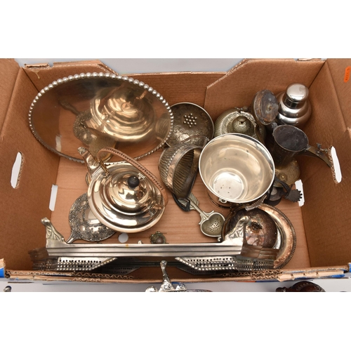 526 - A BOX OF ASSORTED WHITE METAL WARE, to include trays, a cake stand, continental coffee pot, plated w... 