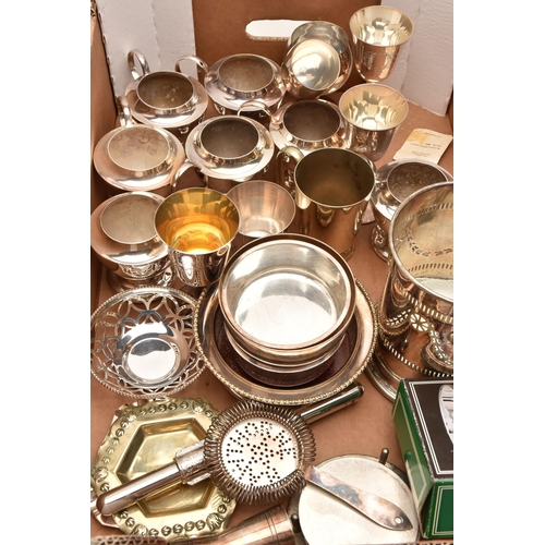 527 - A BOX OF ASSORTED WHITE METAL, to include goblets, coasters, a wine thermometer, coasters, bottle co... 